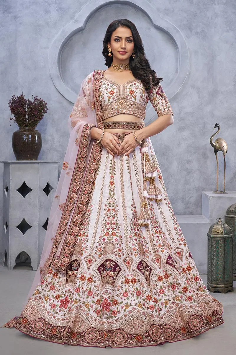 Ivory & Purple Floral Embroidered Bridal Lehenga with Heavy Zari & Sequin Work KSR