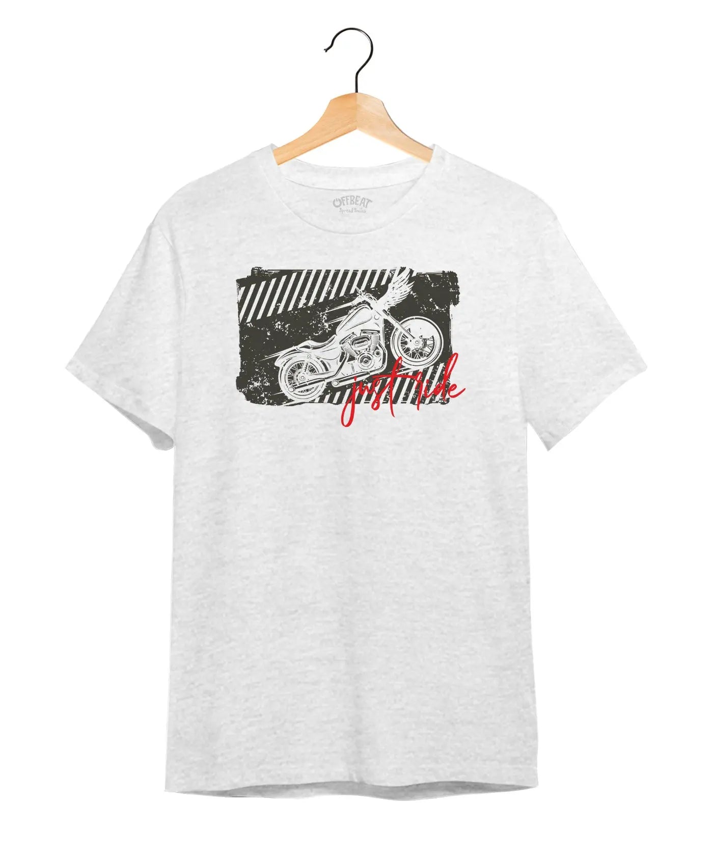 "Just Ride" Printed T-Shirt – Premium Round Neck - White Melange - 100% Cotton Offbeat