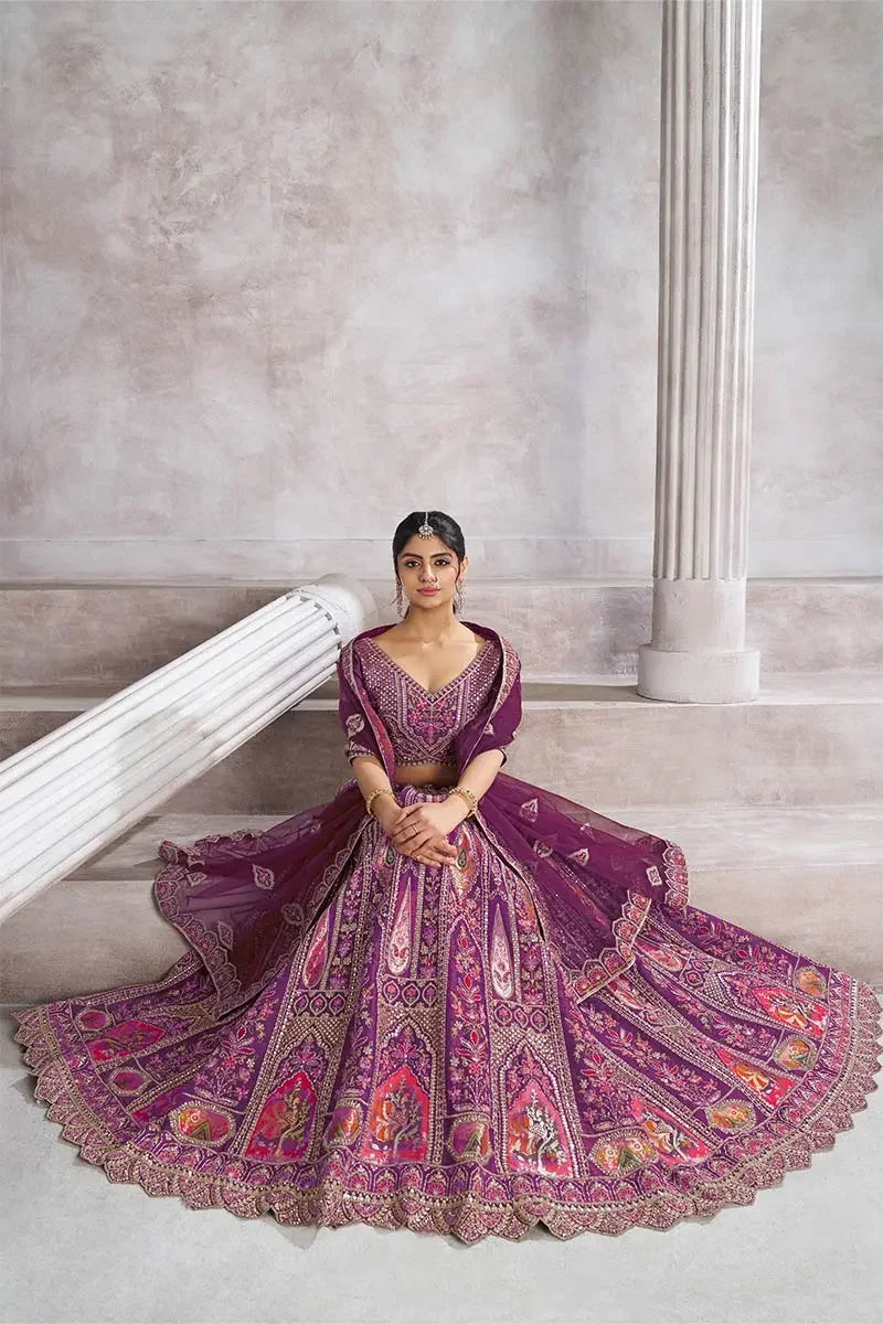 Purple Banarasi Aari and Sequins Work Lehenga with Dupatta for Brides KSR