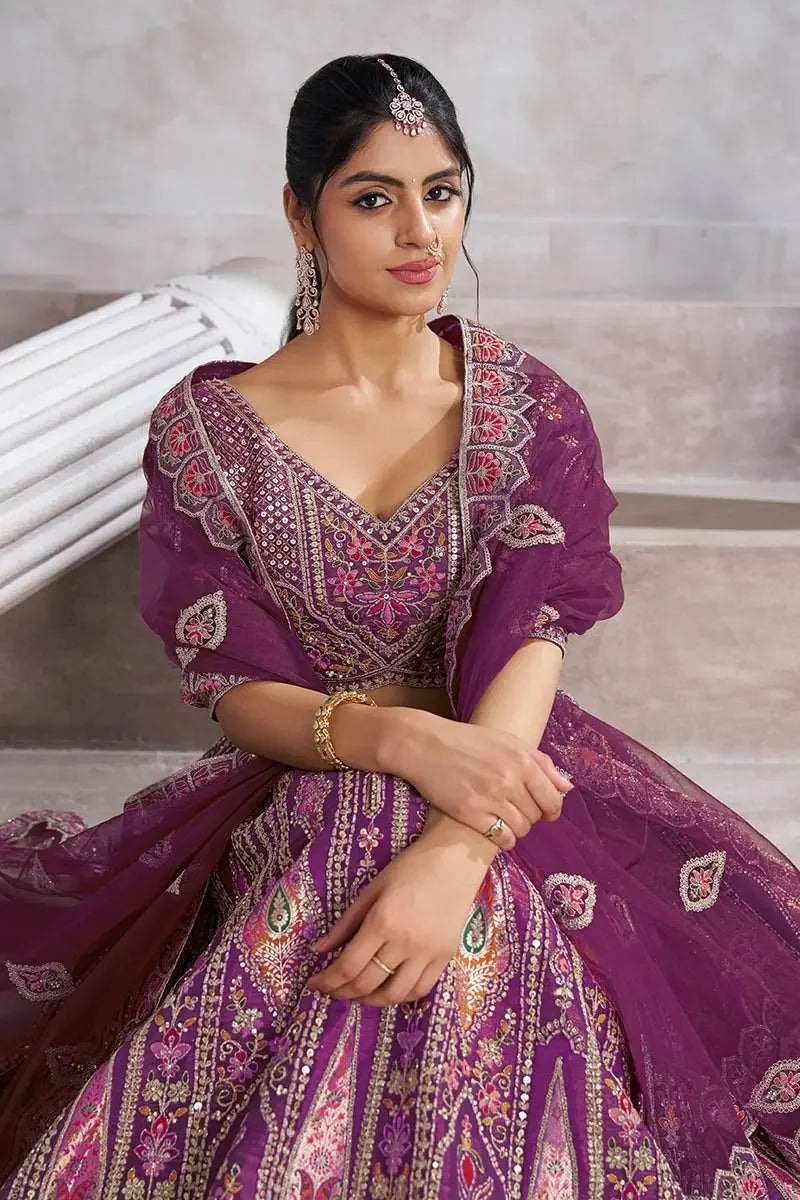 Purple Banarasi Aari and Sequins Work Lehenga with Dupatta for Brides KSR