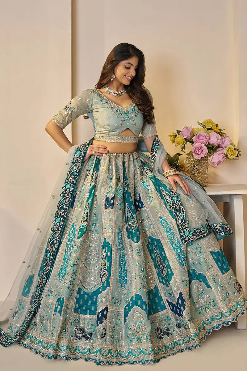 Sky Blue Banarasi silk lehengas with Sequin & Zari Work KSR
