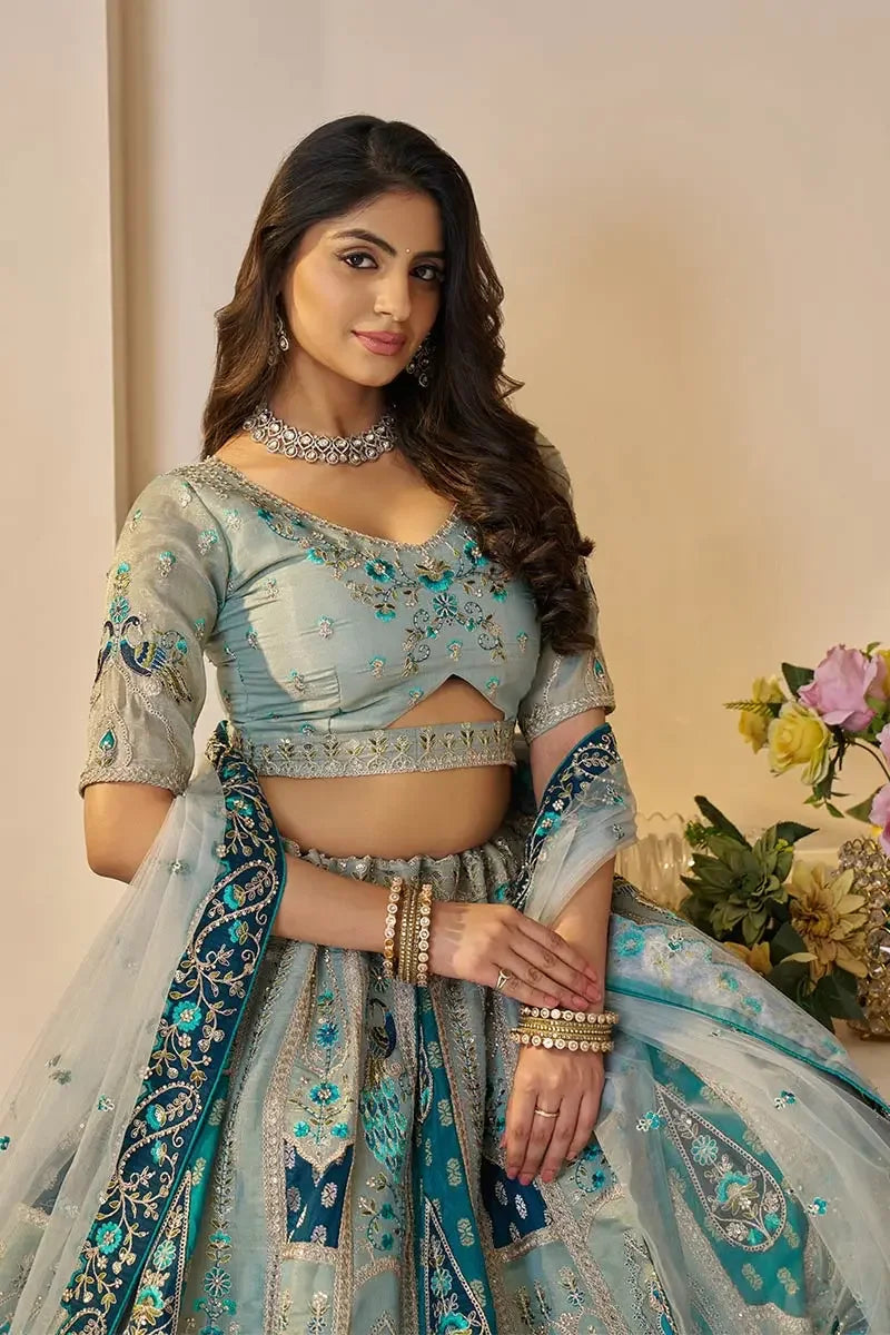 Sky Blue Banarasi silk lehengas with Sequin & Zari Work KSR