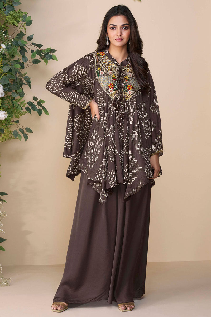 Boho Chic Brown Printed Kaftan Co-ord Set with Embroidered Yoke LF