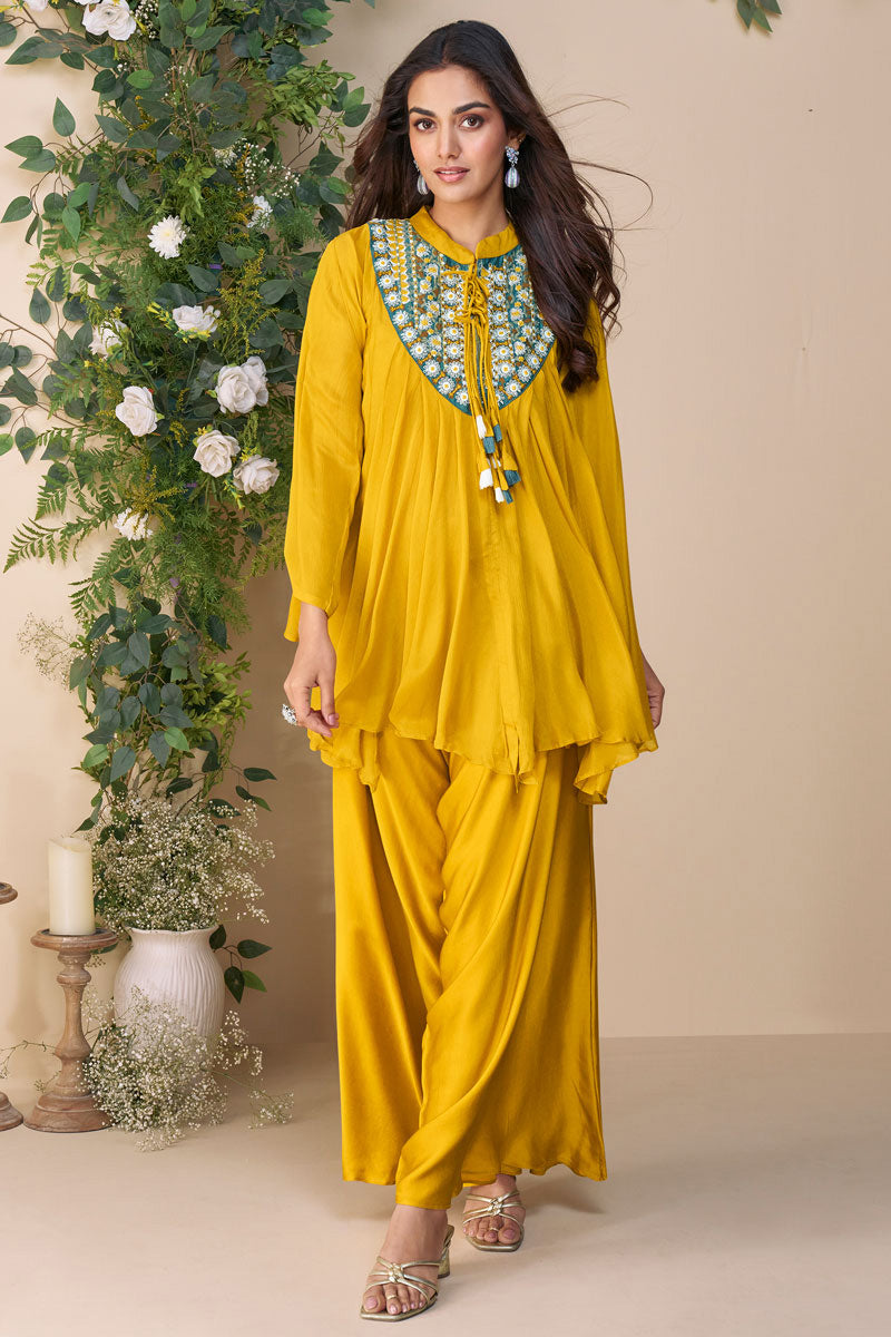 Printed Kaftan Kurta with Hand Embellished Embroidery – Mustard Co-ord Set LF