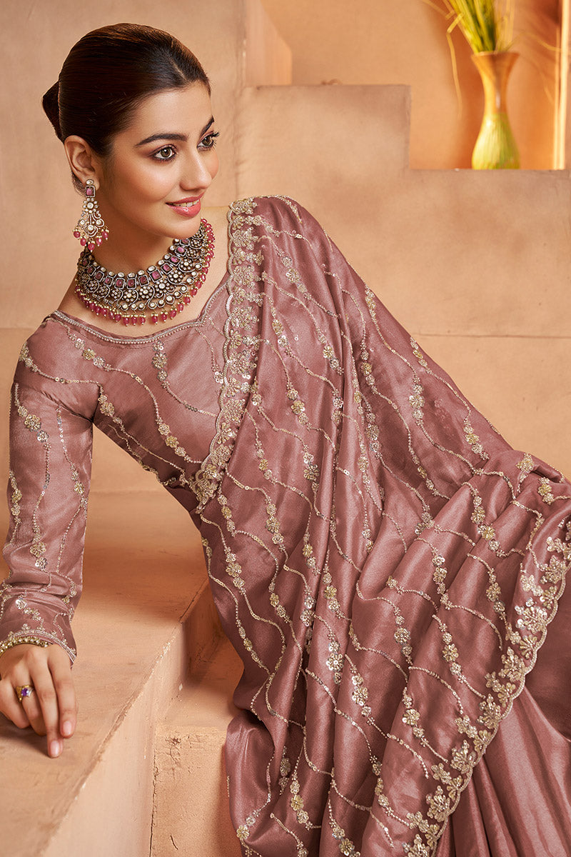 Premium Old Rose Saree with Heavy Embroidery and Blouse Fabric LF