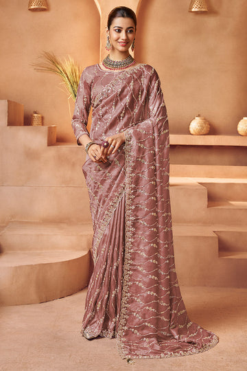 Premium Old Rose Saree with Heavy Embroidery and Blouse Fabric LF
