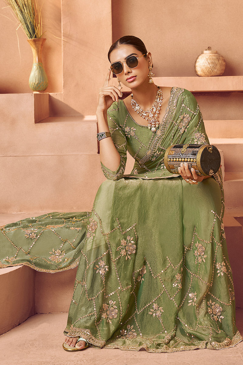 Glam Mehendi Georgette Saree – Wedding & Festive Ready LF