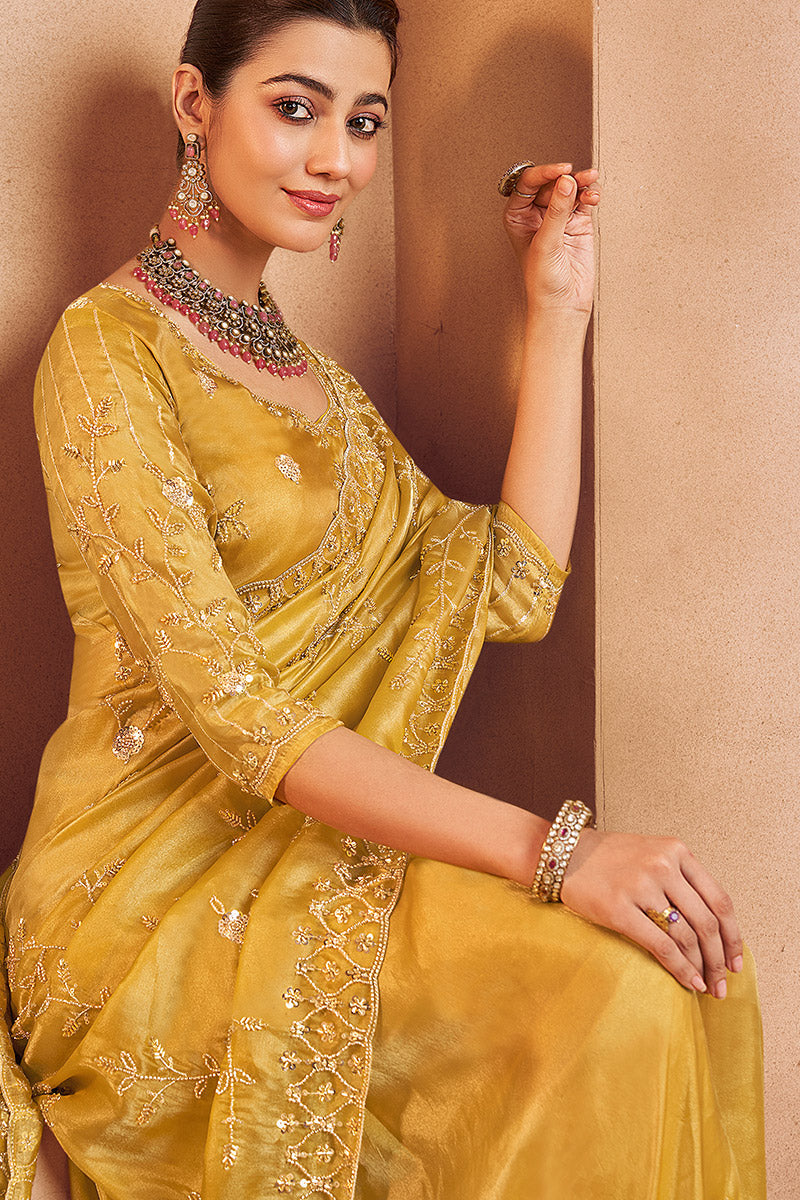 Showstopper Mustard Saree with Hand Embroidery and Blouse Piece LF