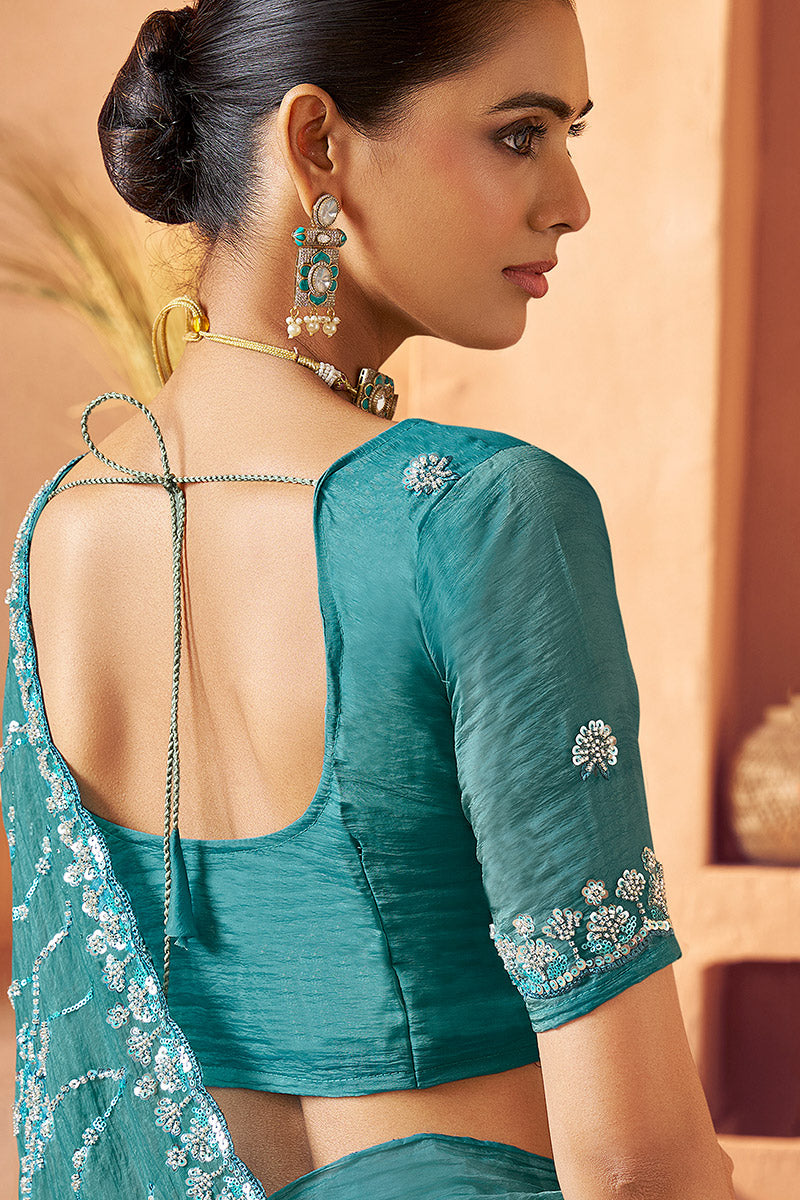 Festive Wear Teal Blue Saree with Classic Indian Embroidery LF