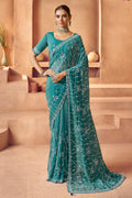Festive Wear Teal Blue Saree with Classic Indian Embroidery LF