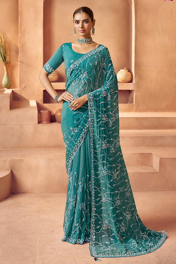 Festive Wear Teal Blue Saree with Classic Indian Embroidery LF