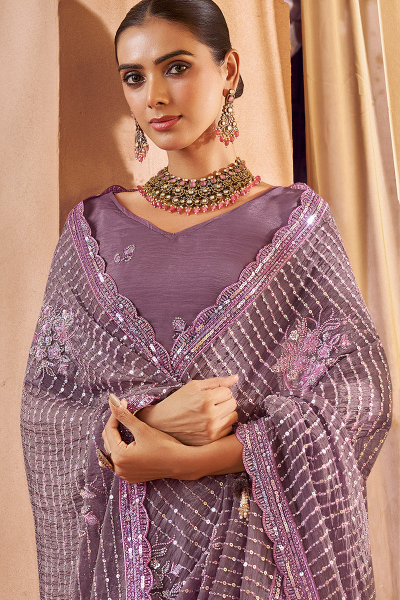 Stunning Purple Saree with Floral Embroidery – Luxe Ethnic Wear LF