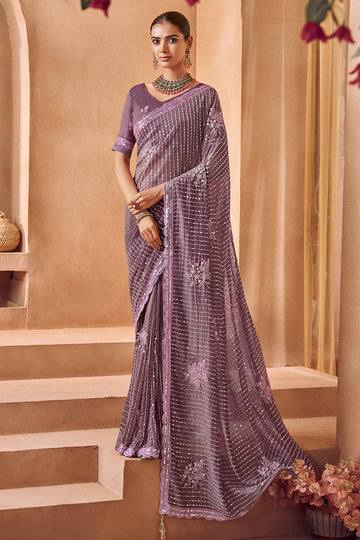 Stunning Purple Saree with Floral Embroidery – Luxe Ethnic Wear LF