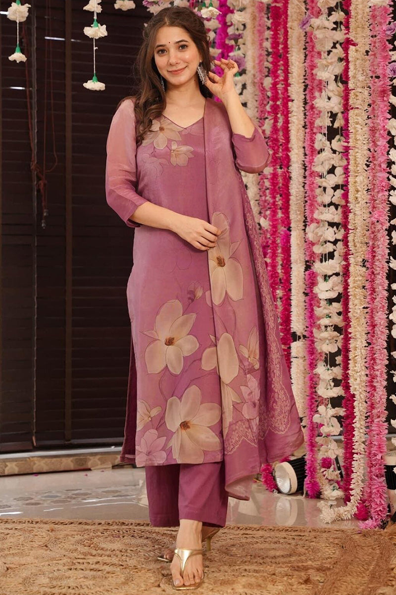 Traditional  Floral Printed Silk Salwar Suit Set in Onion Pink LF