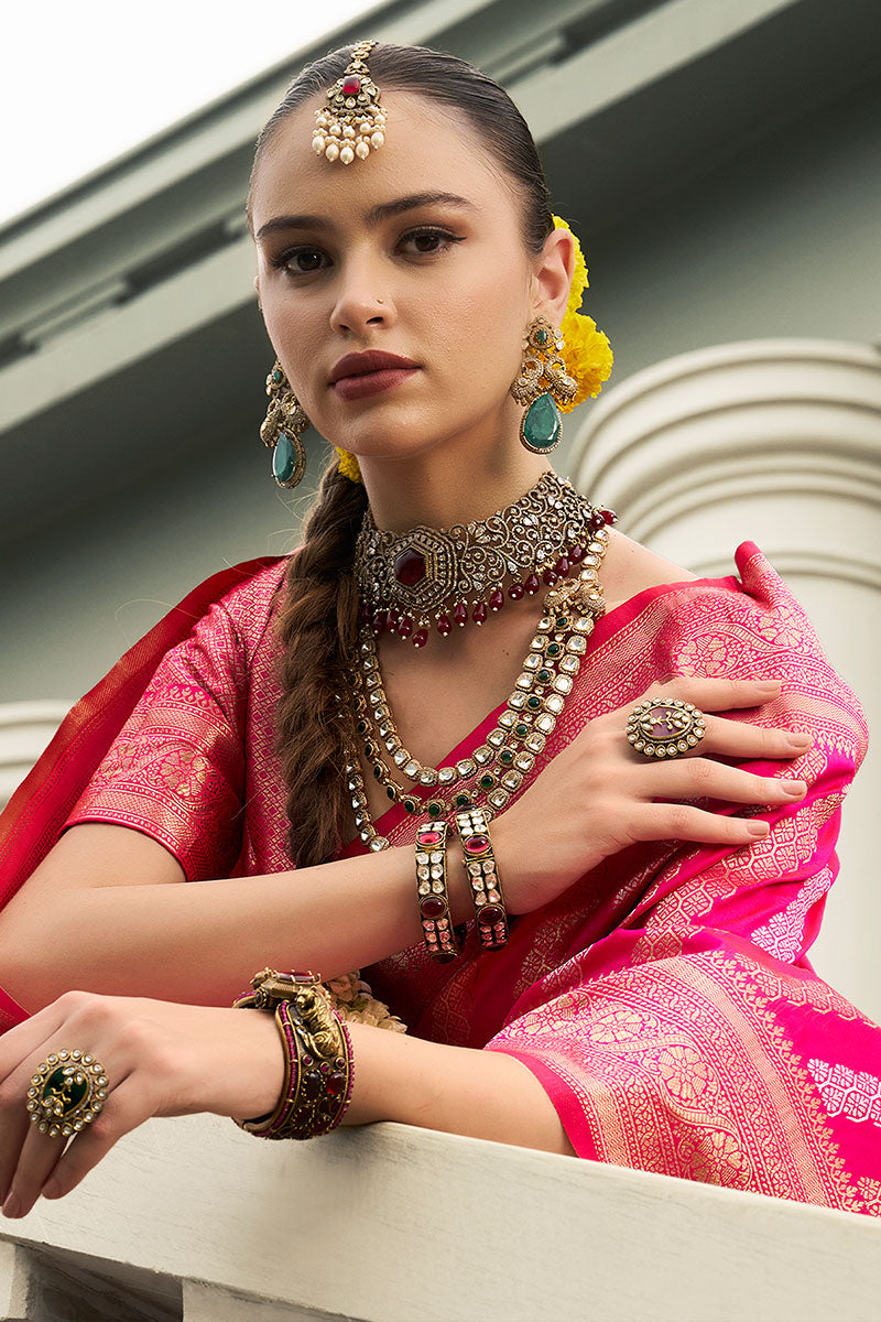 Regal Pink Banarasi Silk Saree with Golden Zari Detailing LF