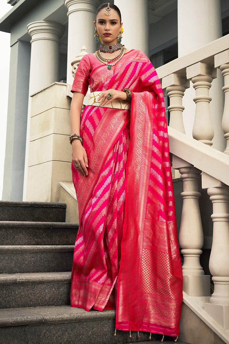 Regal Pink Banarasi Silk Saree with Golden Zari Detailing LF