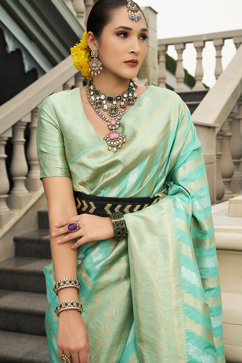 Luxurious Sea Green Banarasi Saree with Golden Weave – Ethnic Elegance LF