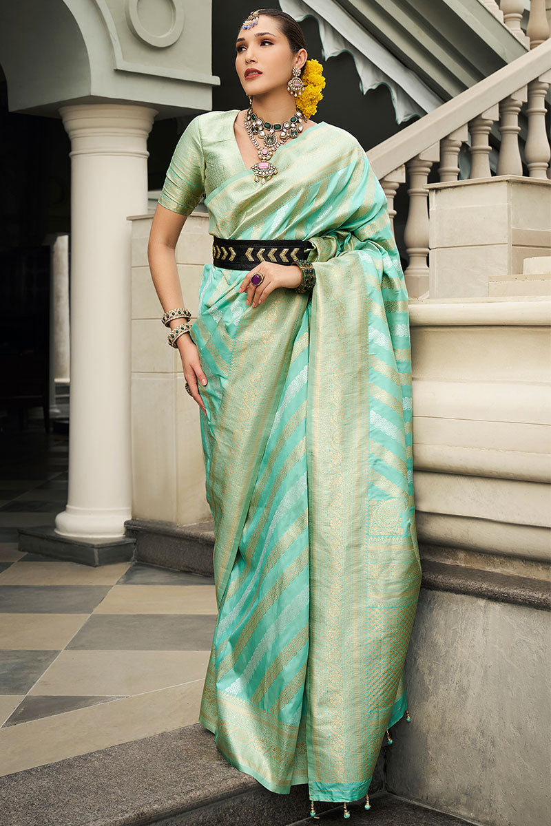 Luxurious Sea Green Banarasi Saree with Golden Weave – Ethnic Elegance LF