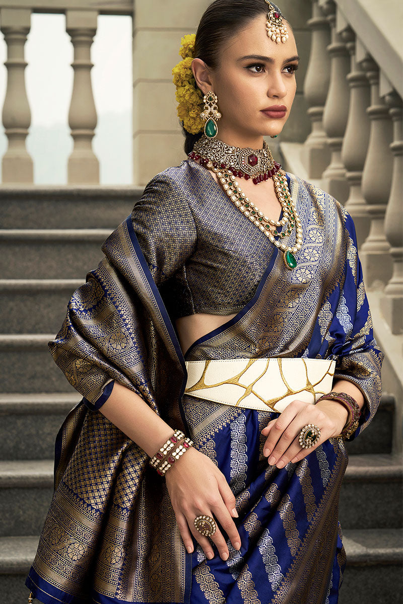 Traditional Banarasi Silk Saree in Navy Blue with Zari Border LF
