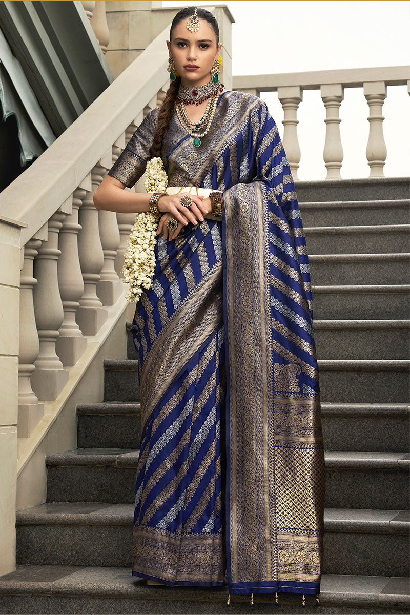 Traditional Banarasi Silk Saree in Navy Blue with Zari Border LF