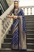 Traditional Banarasi Silk Saree in Navy Blue with Zari Border LF