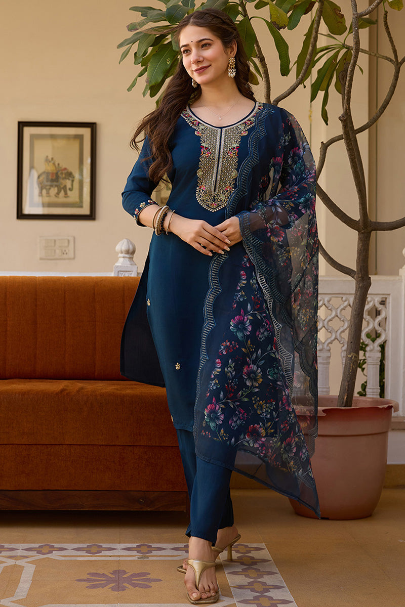 Elegant Navy Blue Embroidered Punjabi Suit Set with Floral Dupatta LF