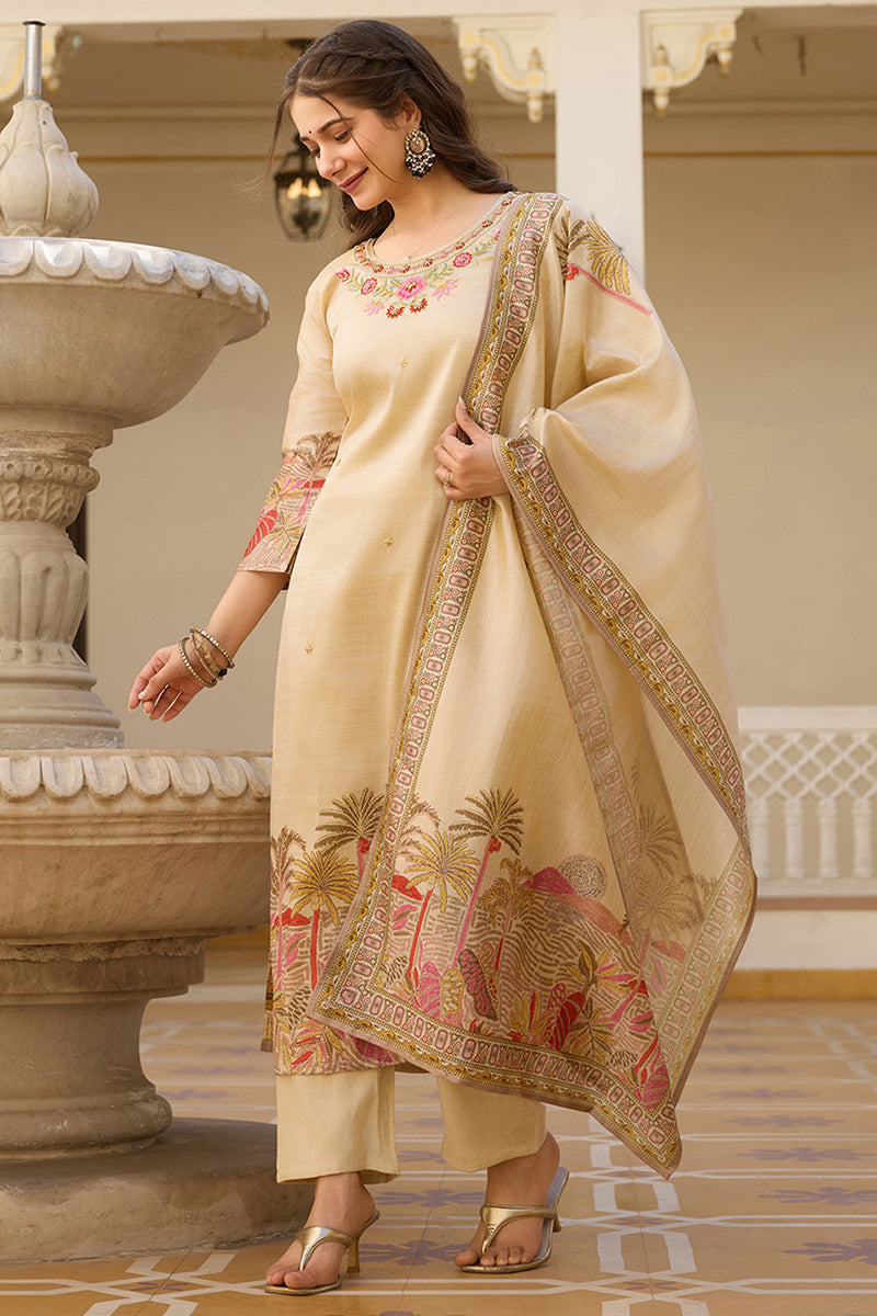 Graceful Cream Embroidered Salwar Suit with Floral Viscose Dupatta LF