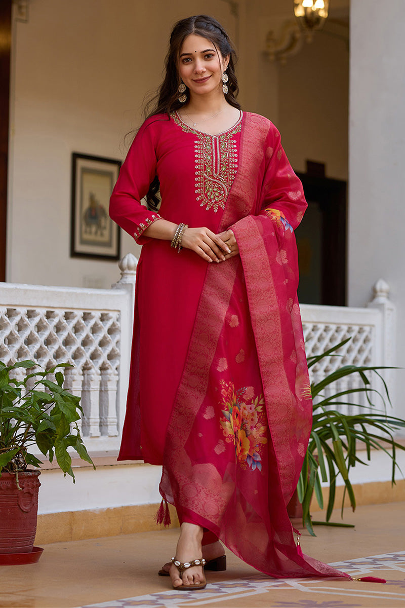 Rani Pink Ready-Made Chanderi Suit with Embroidered Detailing and Floral Dupatta LF