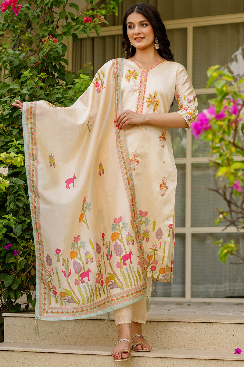 Classic Cream Embroidered Kurta Set with Designer Viscose Silk Dupatta LF
