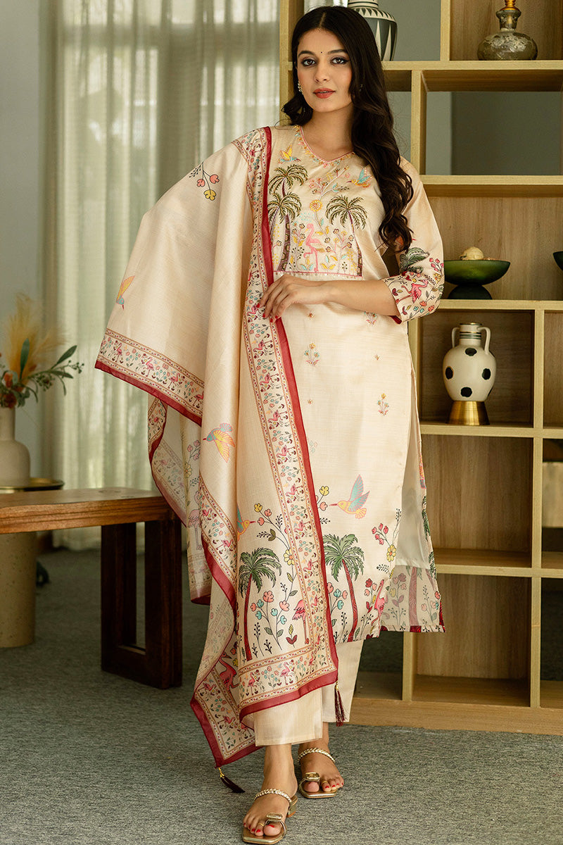 Sophisticated Cream Ethnic Suit with Beaded Embroidery and Printed Dupatta LF