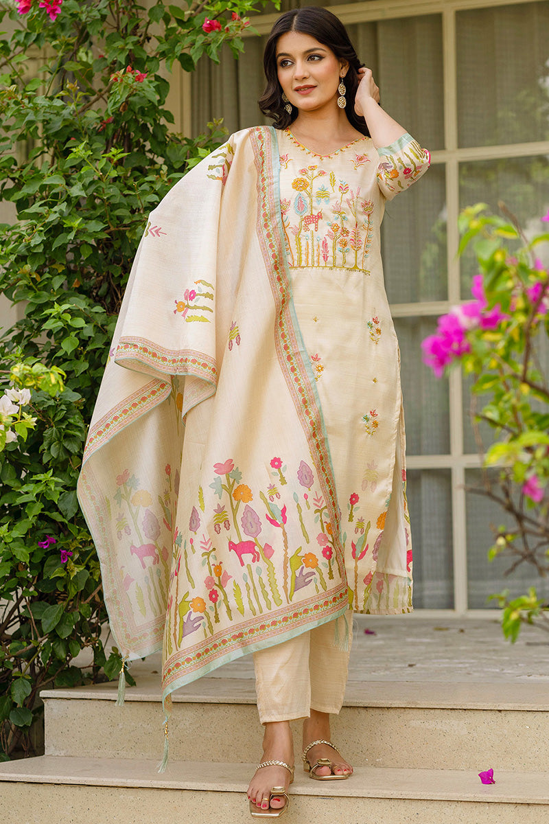 Cream Embroidered Kurta and Pants Set with Elegant Floral Dupatta LF