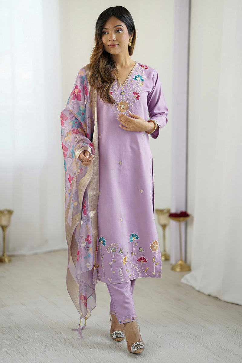 Designer Lavender Chanderi Suit Set with Hand Embroidery and Dupatta LF