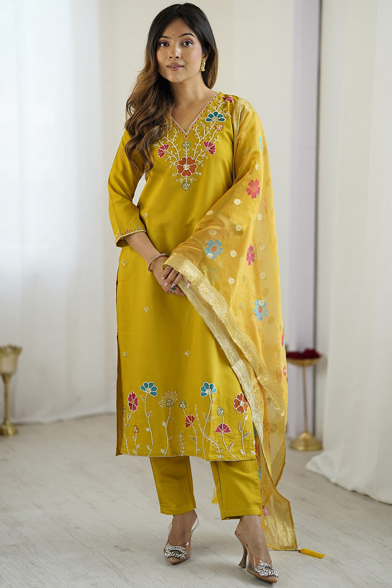 Timeless Yellow Salwar Suit with Beads Work and Organza Dupatta LF