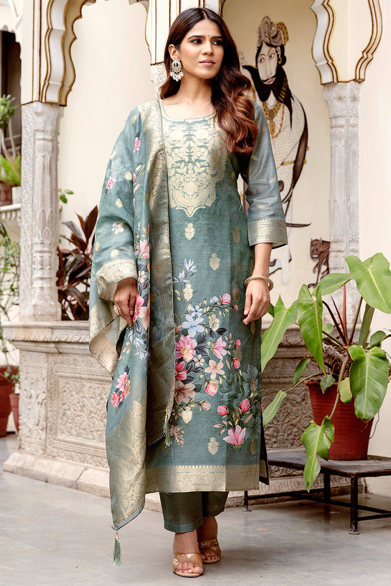 Stunning Grey Thread & Bead Embroidered Suit Set with Floral Wrap LF
