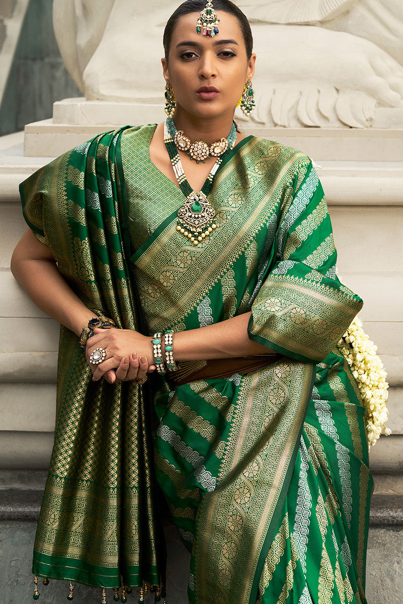 Banarasi Silk Saree in Green with Rich Zari Work – Perfect for Celebrations LF