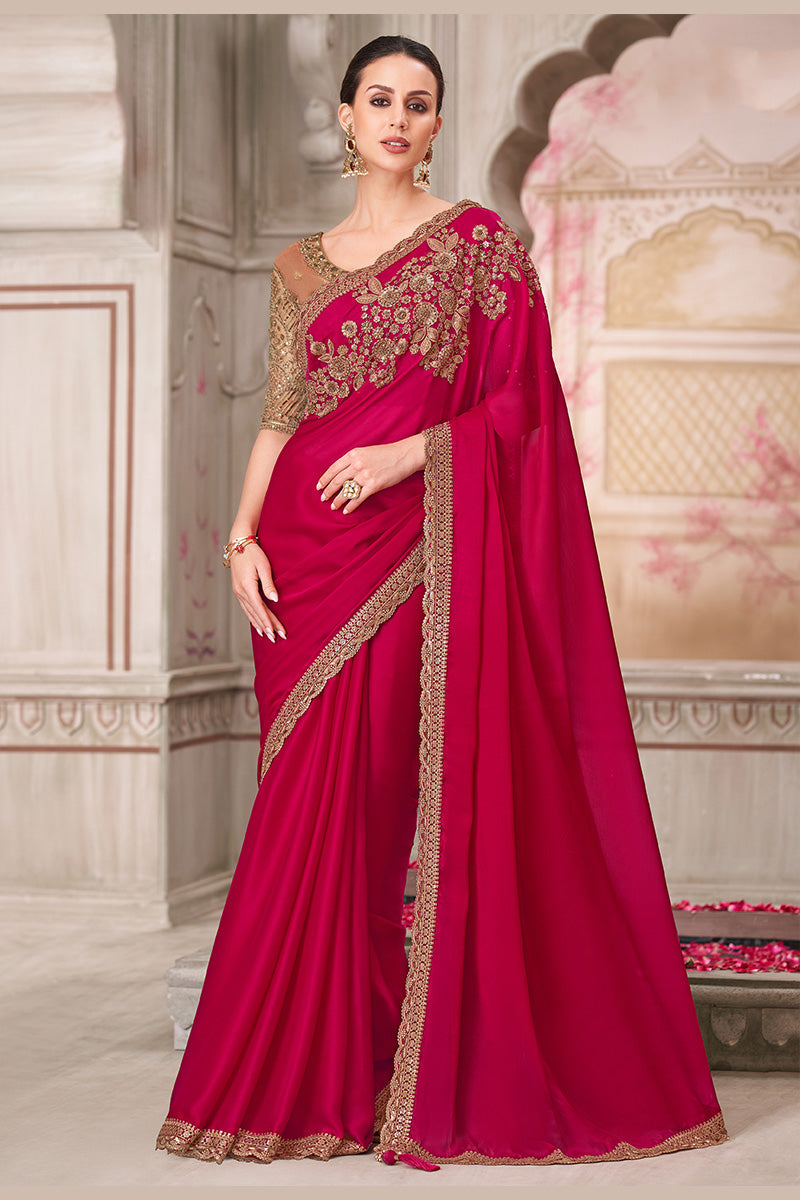 Elegant Magenta Designer Saree with Gold Embroidered Blouse LF