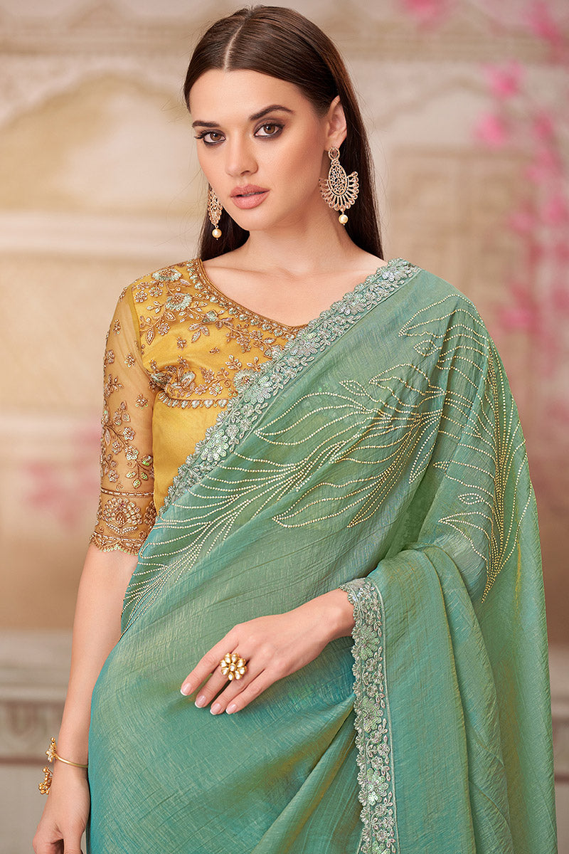 Designer Pista Green Saree with Zari Embroidered Blouse – Party & Wedding Wear LF