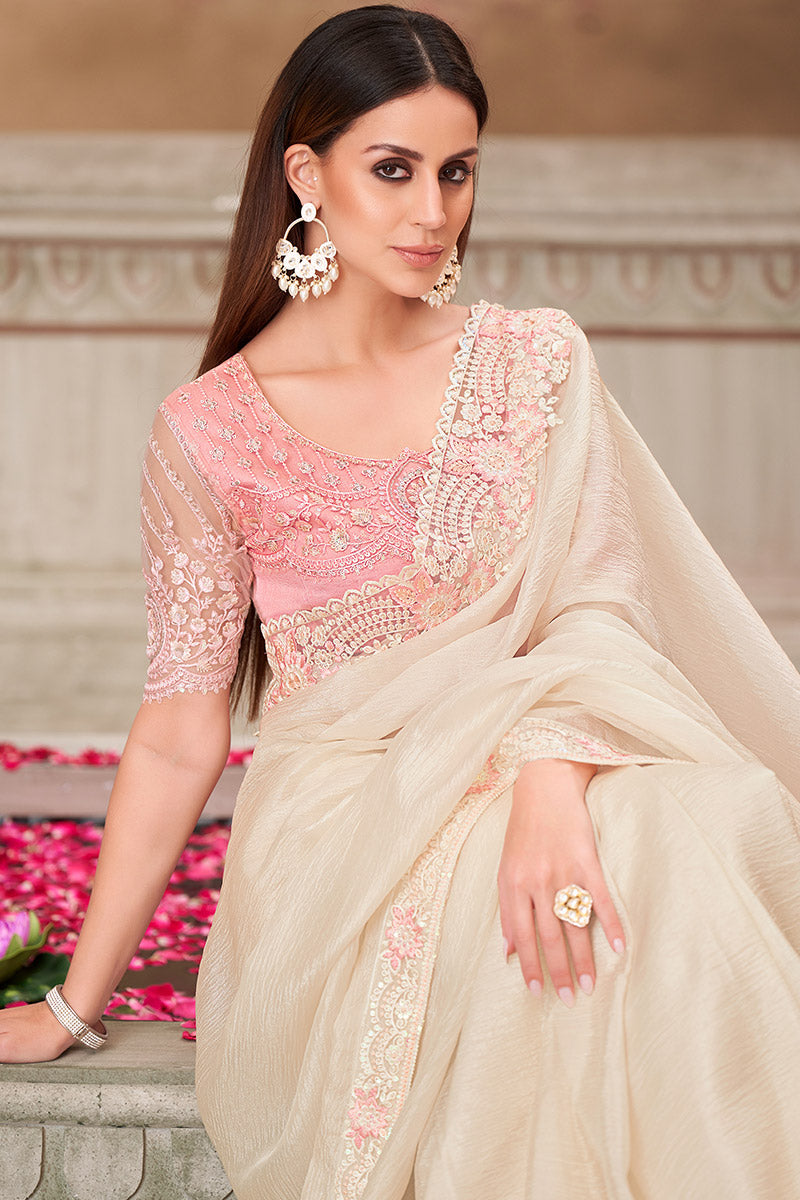 Best-Selling Off White Embroidered Saree for Weddings & Parties LF