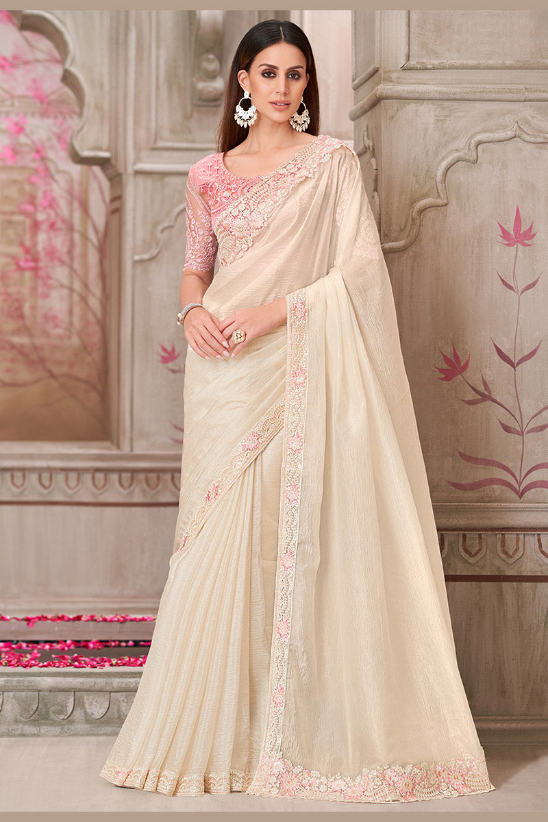 Best-Selling Off White Embroidered Saree for Weddings & Parties LF