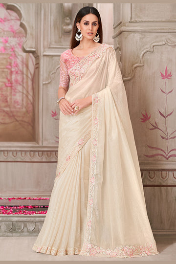 Best-Selling Off White Embroidered Saree for Weddings & Parties LF