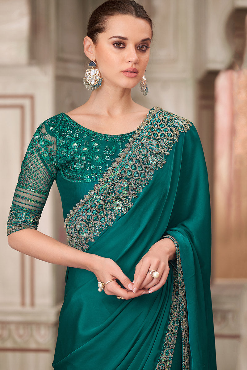 Luxury Party Wear Saree – Teal with Hand-Embroidered Blouse LF