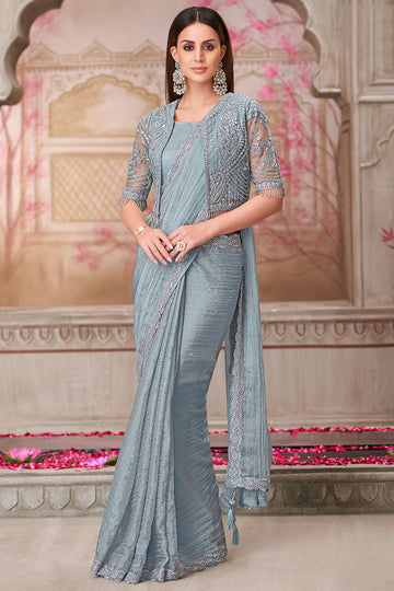 Graceful Grey Saree with Heavy Embroidery work with Jacket LF