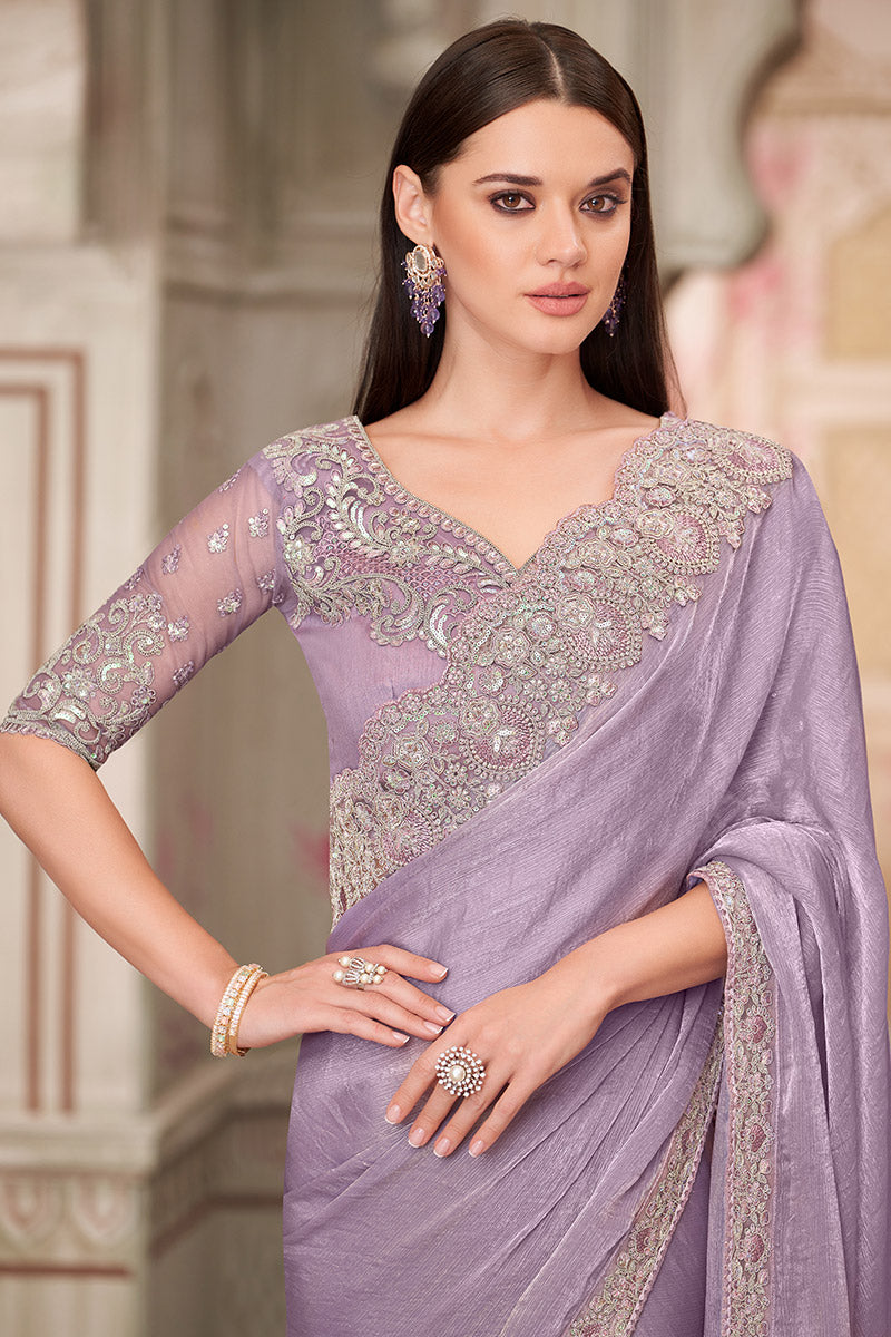 Designer Lavender Saree with Zari Embroidered Blouse – Party & Wedding Wear LF