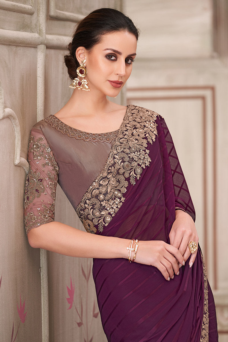 Graceful Wine Saree with Heavy Beige Embroidery Work LF