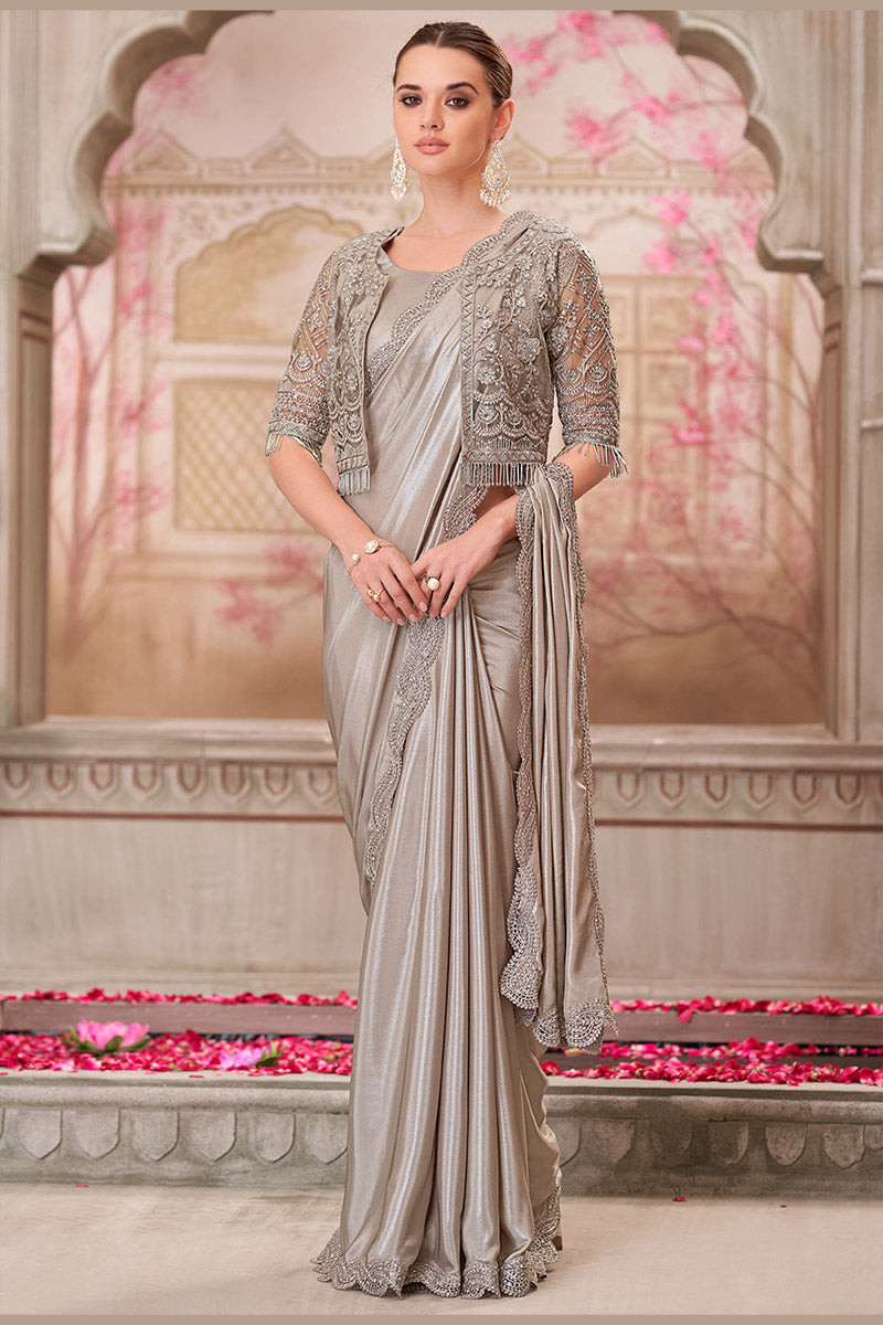 Shimmer Sartin Silk Thread Embroidery Sequins Border Work With Embroidery Blouse Jacket LF