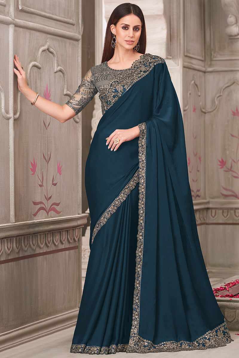Graceful Dark Teal Saree with Heavy Grey Embroidery Blouse LF