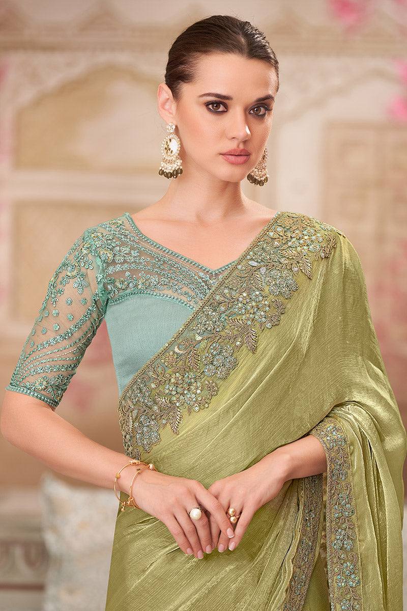 Bridal-Inspired Designer Saree in Olive with Green Embellishments LF