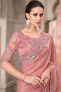 Luxury Party Wear Saree – Pink with Hand-Embroidered Blouse LF