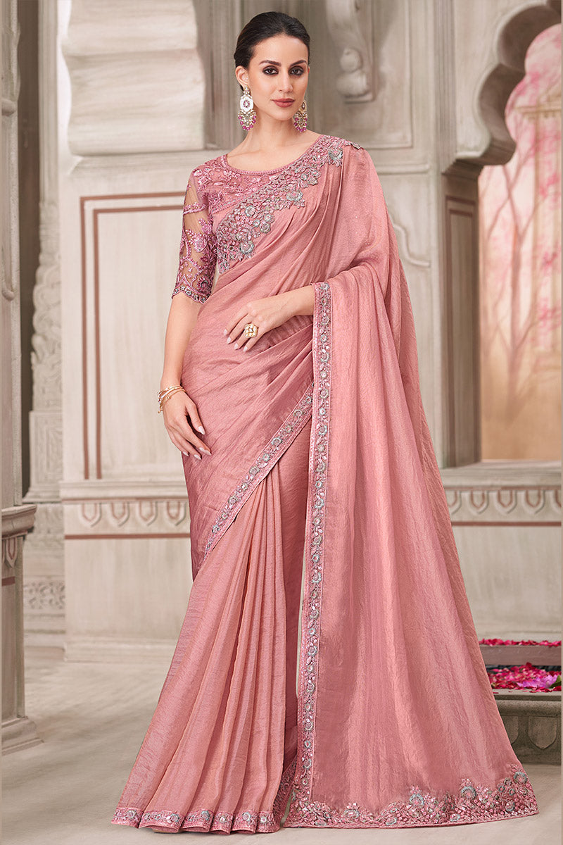 Luxury Party Wear Saree – Pink with Hand-Embroidered Blouse LF