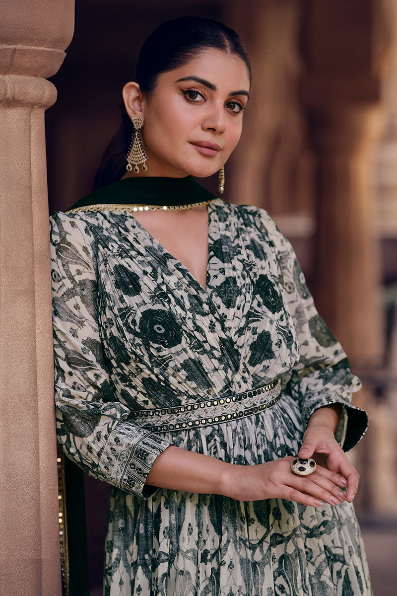 Elegant Forest Green Printed Anarkali Maxi Dress with Dupatta LF